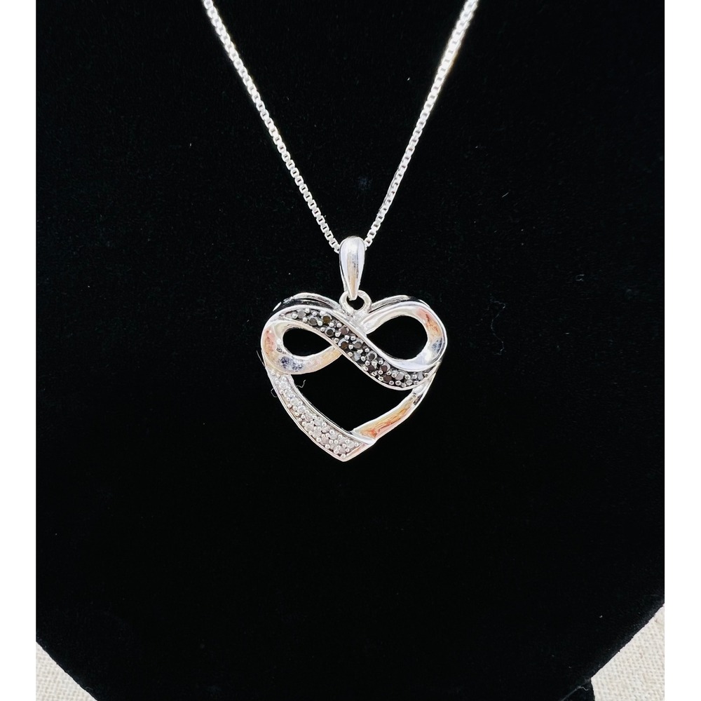 Sterling Silver Black White Diamond Heart Infinity Pendant Necklace 18in